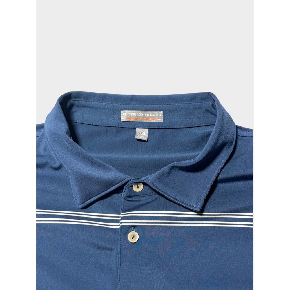 Peter Millar Golf Polo Shirt Mens 2XL Navy Blue Striped Short Sleeve Slit Hem - Picture 6 of 9